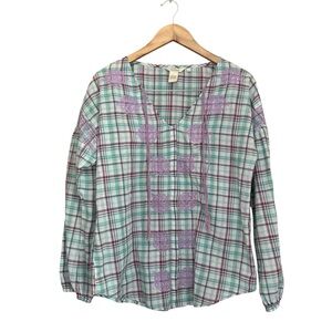 Sundance Plaid Embroidered Long Sleeve Boho Top Blouse Size Small